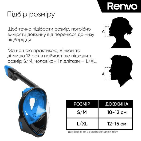 Повнолицьова маска для снорклінгу Renvo Alas панорамна з трубкою Синій, Чорний L/XL (FM100-0104 L/XL) FM100-0104 L/XL фото